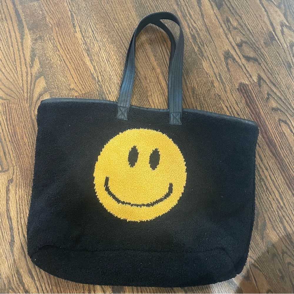 COMFYLUXE Smiley Sherpa Tote Black Fuzzy Canvas Lined Smile Face Bag - Picture 2 of 11